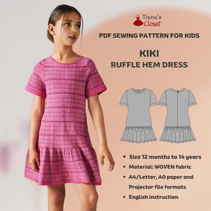 Kiki ruffle hem dress - PDF sewing pattern for kids | Beginner friendly digital sewing pattern for girls | Size 12 months to 14 years old