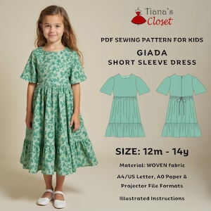 Giada Ruffle Hem Dress Sewing Pattern: Kids Size 12 months - 14 years (PDF Pattern)