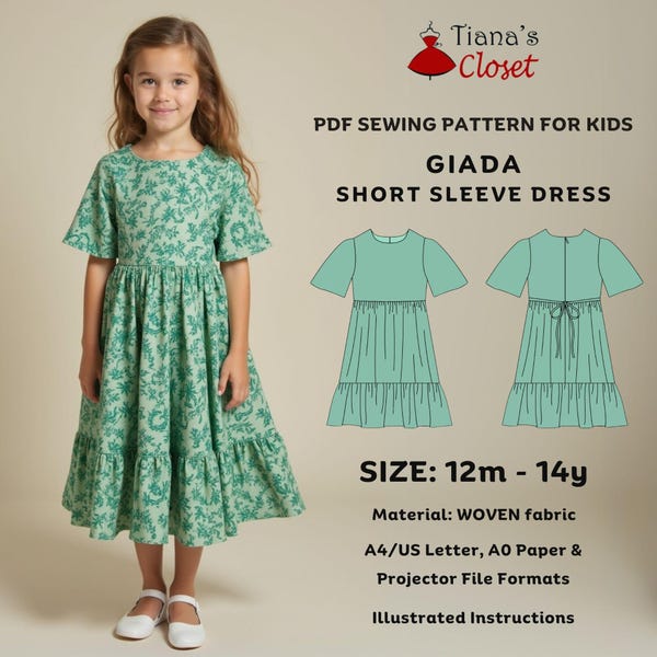 Giada Ruffle Hem Dress Sewing Pattern: Kids Size 12 months - 14 years (PDF Pattern)