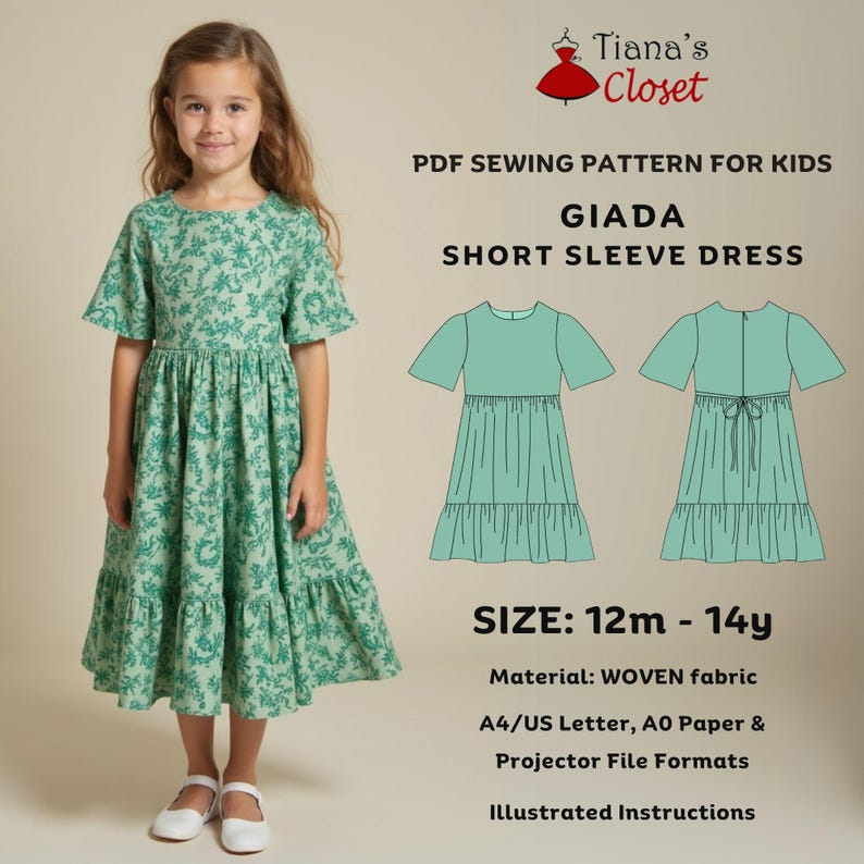 May include: PDF sewing pattern for a short-sleeved dress called "Giada" for kids sizes 12 months to 14 years. The pattern includes instructions and is available in A4/US Letter, A0 Paper, and Projector File formats. The dress is shown in a green floral print.