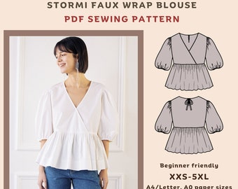 Stormi faux wrap peplum blouse | Digital sewing pattern for women | Puffed sleeve top printable PDF sewing pattern | Tiana's Closet