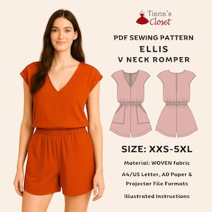 Ellis Romper Sewing Pattern: Cap Sleeve V-Neck Jumpsuit (PDF Pattern, XXS-5XL)