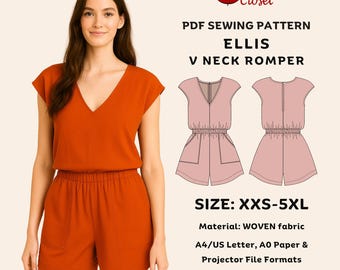 Ellis Romper Sewing Pattern: Cap Sleeve V-Neck Jumpsuit (PDF Pattern, XXS-5XL)