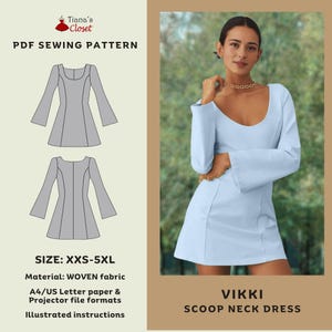 May include: A digital sewing pattern for a scoop neck dress with long sleeves. The pattern is available in sizes XXS-5XL and is made for woven fabric. The pattern includes instructions and is available in A4/US Letter and projector file formats.