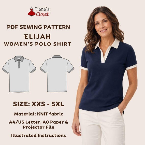 Elijah Women's Polo Shirt PDF Sewing Pattern: Classic, Timeless Casual Wear, Size XXS - 5XL, Print At Home / Copy Shop / Projector