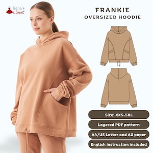 May include: A brown oversized hoodie sewing pattern with a drawstring at the bottom. The pattern includes instructions for sizes XXS-5XL and is available in a layered PDF format. The pattern is designed to be printed on A4/UK Letter or A0 paper.