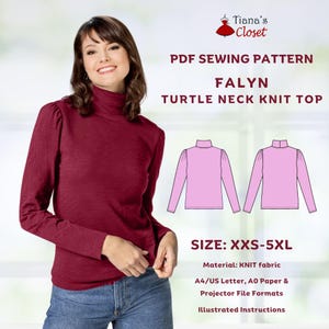 Falyn turtleneck knit top - PDF sewing pattern | Basic top digital sewing pattern for women | Long sleeve knit top pattern | Size XXS - 5XL