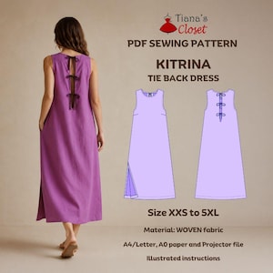 May include: A PDF sewing pattern for the Kitrina tie back dress by Tiana's Closet. The image shows a person wearing a purple sleeveless dress with a tie-back detail and side slits, alongside technical line drawings of the dress in sizes XXS to 5XL.