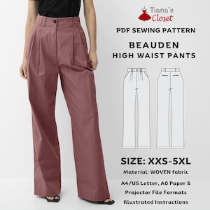 May include: A pair of high-waisted, wide-leg pants in a dusty rose color. The pants have pleats at the waist and a button closure. The image also includes a PDF sewing pattern for the "BEAUDEN HIGH WAIST PANTS" with size options from XXS to 5XL.