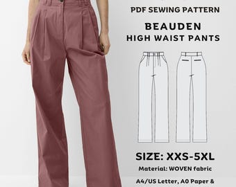 May include: Dusty rose high-waisted, wide-leg trousers with pleats and a button closure. The image features a PDF sewing pattern for "BEAUDEN HIGH WAIST PANTS", with sizes XXS-5XL. The pattern includes illustrated instructions and is designed for woven fabric.
