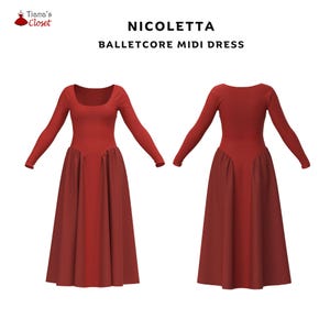 May include: A red midi dress with a scoop neck and long sleeves. The dress has a fitted bodice and a flowing skirt with pleats at the waist. The dress is called "Nicoletta Balletcore Midi Dress".