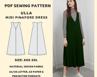 Ulla Midi Pinafore Dress Sewing Pattern: Beginner Friendly (XXS-5XL) (PDF Pattern)