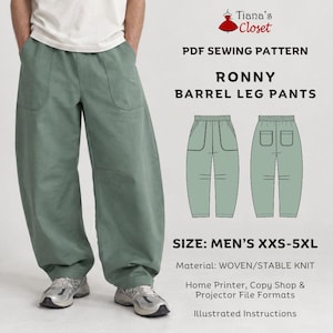 Ronny Barrel Leg Pants PDF-Schnittmuster für Herren: Elastischer Bund, aufgesetzte Taschen, Größen XXS–5XL, zum Ausdrucken zu Hause/im Copyshop/per Beamer