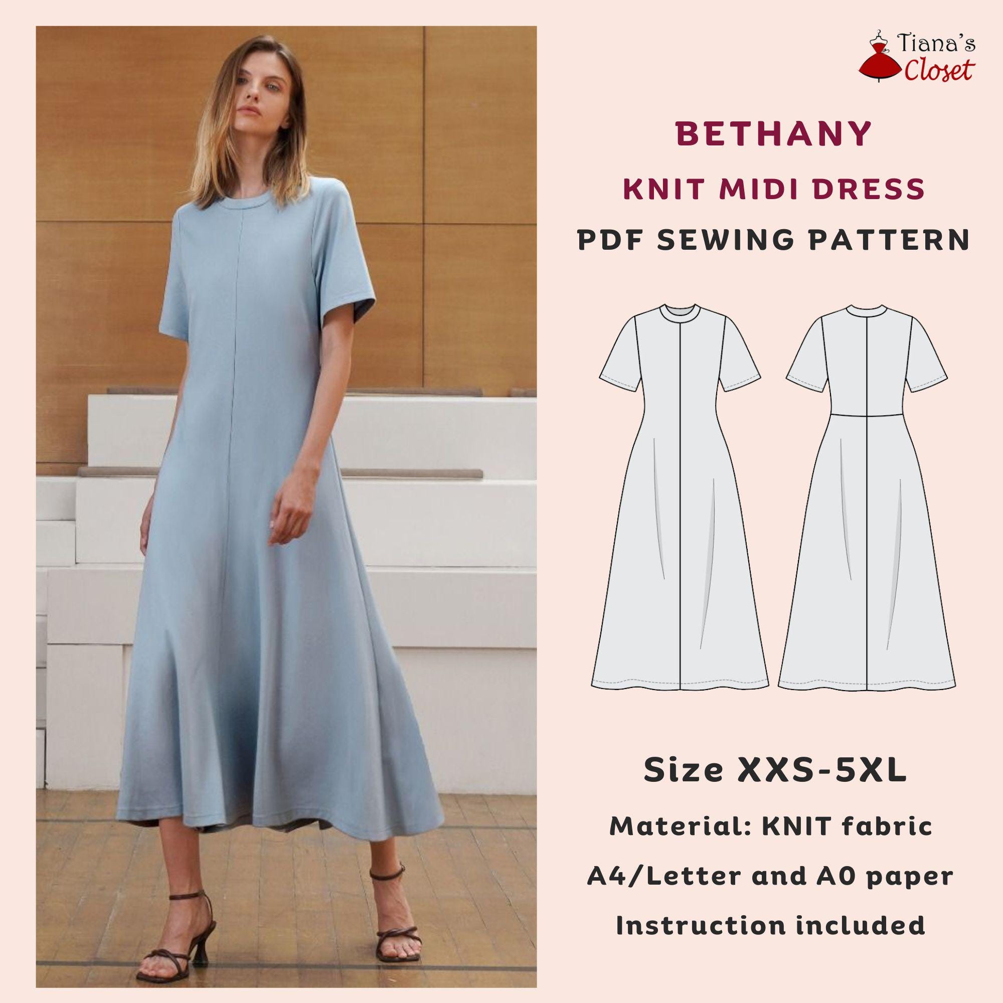 Bethany Knit Midi Dress Sewing Pattern: Beginner Friendly (PDF Pattern)