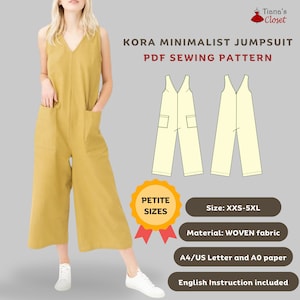 May include: A PDF sewing pattern for a minimalist jumpsuit called "Kora". The pattern includes sizes XXS-5XL and is available in petite sizes. The pattern is for woven fabric and includes instructions in English. The pattern is printed on A4/US Letter and A0 paper.