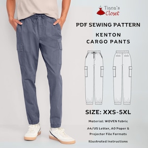Puede incluir: Un patrón de costura PDF para pantalones cargo Kenton. El patrón incluye instrucciones y está disponible en tallas XXS-5XL. El patrón es para tejido tejido y se puede imprimir en formato A4/US Letter, A0 o formatos de archivo de proyector.