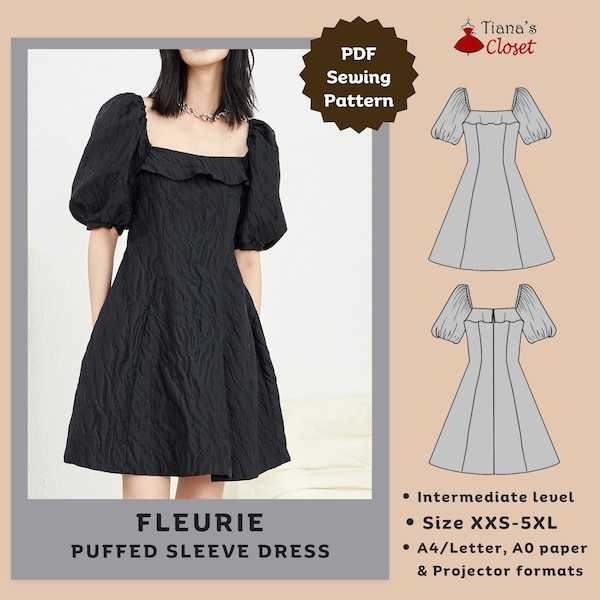 Fleurie puffed sleeve square neck dress - PDF sewing pattern | Printable digital sewing pattern for women | Elegant dress sewing pattern