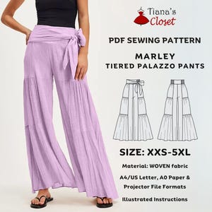 Könnte beinhalten: PDF-Schnittmuster für eine gestufte Palazzo-Hose namens "Marley". Das Schnittmuster enthält Anleitungen und ist in den Größen XXS-5XL erhältlich. Das Schnittmuster ist für Webware geeignet und in den Formaten A4/US Letter, A0 Paper und Projector File erhältlich.