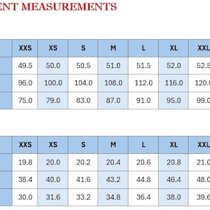 May include: A garment measurements chart with sizes XXS to 5XL. Measurements are provided in both centimeters and inches for length, bust, and waist. The chart is designed to help customers find the right fit.