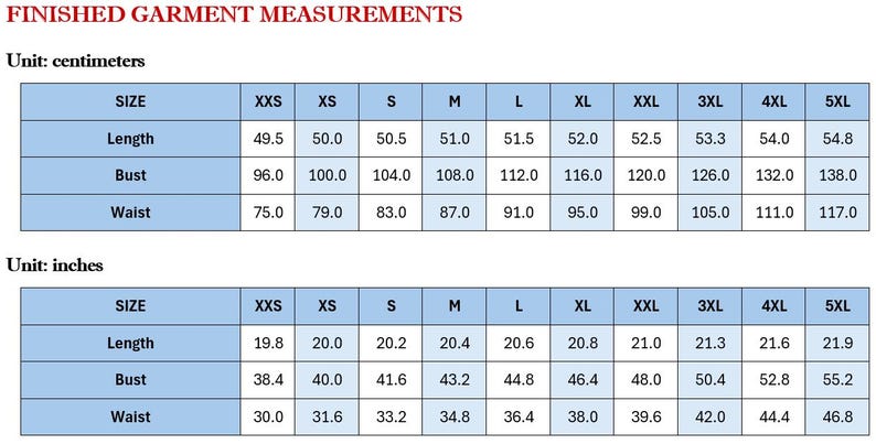 May include: A garment measurements chart with sizes XXS to 5XL. Measurements are provided in both centimeters and inches for length, bust, and waist. The chart is designed to help customers find the right fit.