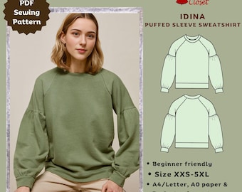 Wykrój do szycia bluzy z bufiastymi rękawami Idina (rozmiary od XXS do 5XL, możliwość natychmiastowego pobrania pliku PDF, formaty plików: A0/kserokopiarka, A4/US Letter i projektor)
