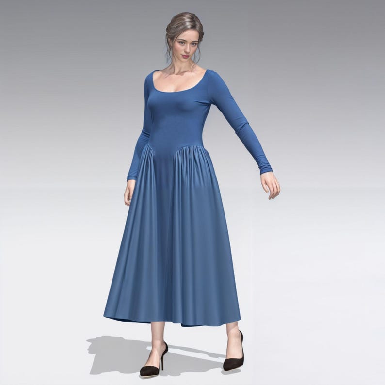 May include: A woman wearing a long, blue, scoop-neck dress with long sleeves and a gathered skirt.