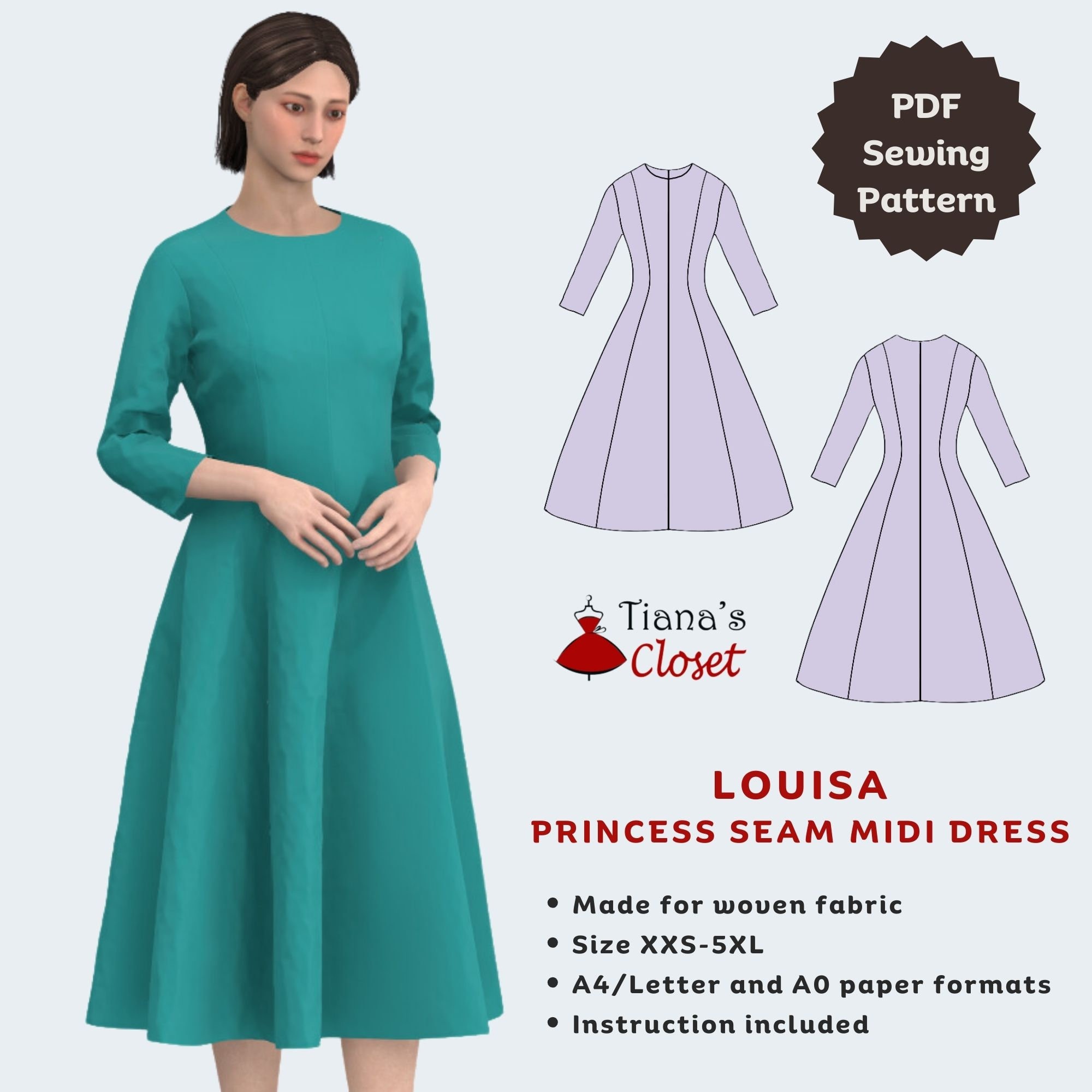 Louisa Princess Seam Midi Dress Sewing Pattern (PDF) - Etsy