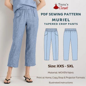 Può includere: Un cartamodello PDF per i pantaloni corti affusolati Muriel di Tiana's Closet. L'immagine mostra pantaloni blu con elastico in vita e tasche laterali, insieme a un disegno tecnico della vista frontale e posteriore. Taglie dalla XXS alla 5XL.