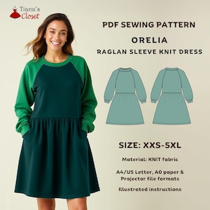 May include: A PDF sewing pattern for a raglan sleeve knit dress called "Orelia". The pattern includes instructions and is available in sizes XXS-5XL. The dress is shown in a green and teal color combination.
