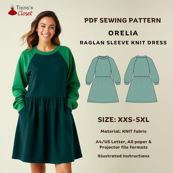 Orelia raglan sleeve sweatshirt dress - PDF sewing pattern | Easy digital pattern for women | Basic knit dress pattern | Size XXS - 5XL
