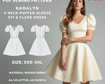 Karalyn Fit & Flare Dress Sewing Pattern: V-neck Puffed Sleeve (PDF) - Etsy