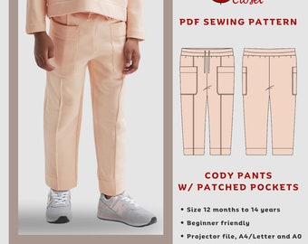 May include: A PDF sewing pattern for Cody pants with patched pockets. The pattern includes instructions for sizes 12 months to 14 years. It is beginner friendly and includes projector files in A4/Letter and AO paper formats.