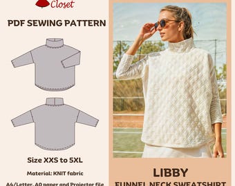 Libby Funnel Neck Sweatshirt Sewing Pattern: Drop Shoulder Knit Top (PDF, Sizes XXS-5XL)