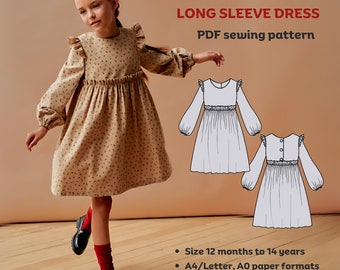 Momo Rüschen Schulter Langarm Kleid - PDF Schnittmuster | Digitales Schnittmuster für Mädchen | Schnittmuster | Nähen für Kinder