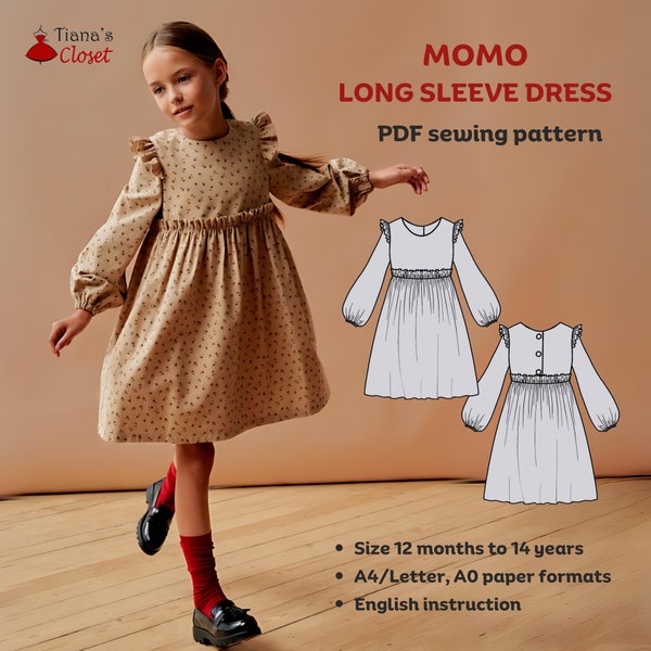 Momo ruffle shoulder long sleeve dress - PDF sewing pattern | Digital sewing pattern for girls | Printable sewing pattern | Sewing for kids