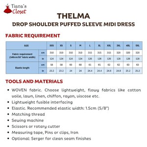 May include: A sewing pattern information sheet for the Thelma drop shoulder puffed sleeve midi dress by Tiana's Closet. It includes a fabric requirement table with sizes XXS to 5XL in centimeters and inches, plus a list of tools and materials.