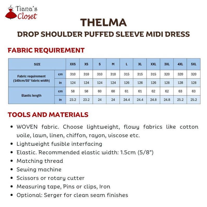 May include: A sewing pattern information sheet for the Thelma drop shoulder puffed sleeve midi dress by Tiana's Closet. It includes a fabric requirement table with sizes XXS to 5XL in centimeters and inches, plus a list of tools and materials.