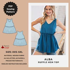 Alba sleeveless ruffle hem top | Easy sewing pattern for women | Printable PDF sewing pattern | Tiana's Closet sewing patterns for beginners