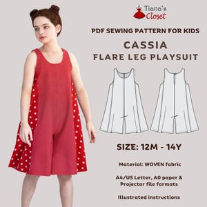 May include: A red playsuit with white polka dot accents, designed for kids. The image includes a pattern illustration and text that reads "CASSIA FLARE LEG PLAYSUIT" and "SIZE: 12M - 14Y". The pattern is for woven fabric and includes illustrated instructions.