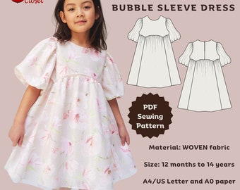 Crystal bubble sleeve dress - PDF sewing pattern | Digital sewing pattern for girls | Printable sewing pattern | Sewing pattern for kids