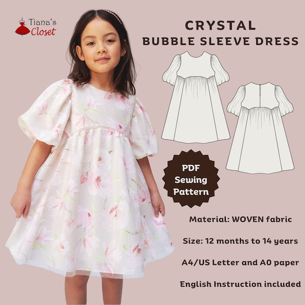 Vestido manga burbuja cristal - Patrón de costura PDF / Patrón de costura digital para niñas / Patrón de costura imprimible / Patrón de costura para niños