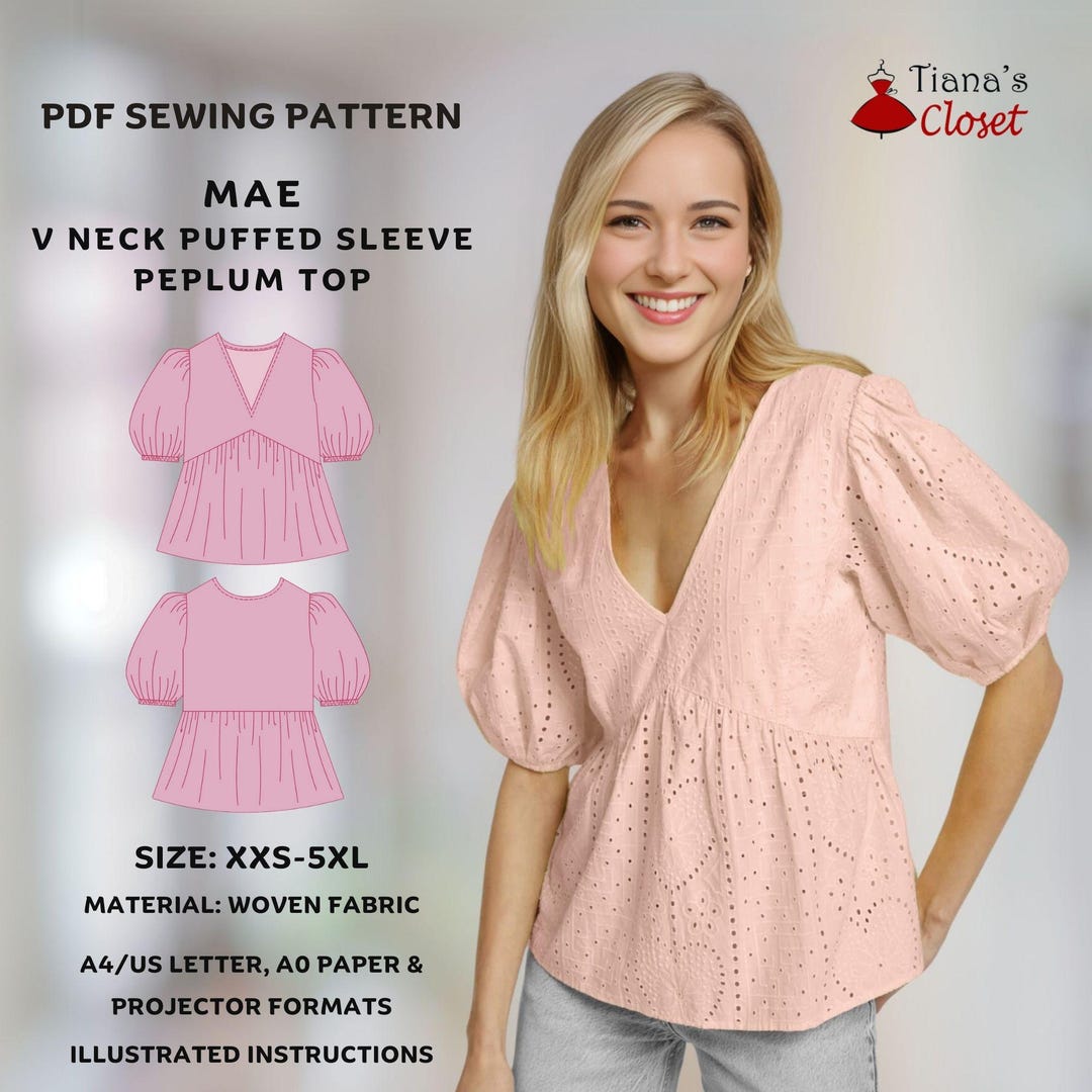 Mae Peplum Top Sewing Pattern: V-neck Puffed Sleeve (PDF Pattern