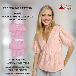 Könnte beinhalten: Ein Schnittmuster für ein Peplum-Oberteil mit V-Ausschnitt und Puffärmeln. Das Schnittmuster heißt "Mae" und ist in den Größen XXS-5XL erhältlich. Das Schnittmuster ist für Webware geeignet und enthält Anweisungen zum Drucken auf A4/US Letter, A0 Papier und Projektorformaten.