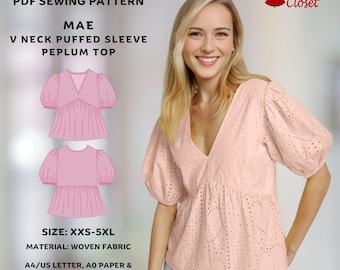 Mae Peplum Top Sewing Pattern: V-Neck Puffed Sleeve (PDF Pattern)