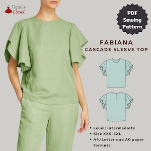 May include: A PDF sewing pattern for a green top with cascade sleeves. The pattern is called "Fabiana Cascade Sleeve Top" and is available in sizes XXS-5XL. The pattern is for an intermediate sewing level and includes A4/Letter and A0 paper formats.