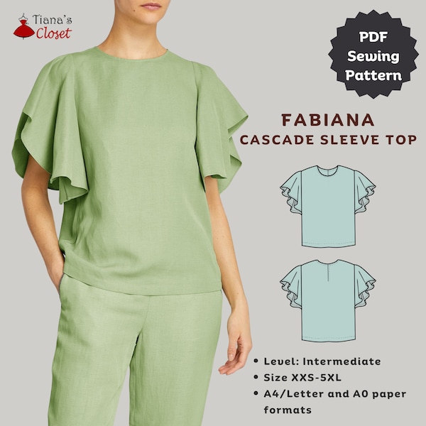 Fabiana cascading flutter sleeve top | Easy digital sewing pattern for women | Printable PDF sewing pattern | Tiana's Closet sewing patterns