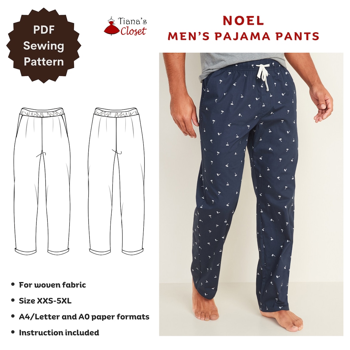 Noel Men's Pajama Pants PDF Sewing Pattern Slouchy, High Waist, 32 Inch