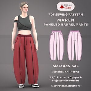 Puede incluir: Un patrón de costura digital para los pantalones "Maren" con paneles. La imagen muestra a una modelo usando los pantalones rojos, combinados con un top corto gris. El patrón incluye tallas XXS-5XL y está diseñado para tejido de punto. El patrón es de Tiana's Closet.