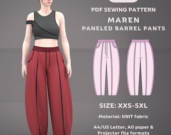Op de afbeelding: Een digitaal naaipatroon voor de "Maren" broek met panelen. De afbeelding toont een model dat de broek in rood draagt, gecombineerd met een grijze crop top. Het patroon bevat maten XXS-5XL en is ontworpen voor tricotstof. Het patroon is van Tiana's Closet.