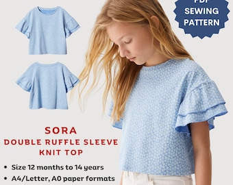 Sora Ruffle Sleeve Knit Top Sewing Pattern for Girls (Instant Download PDF, Sizes 12mo-14y)